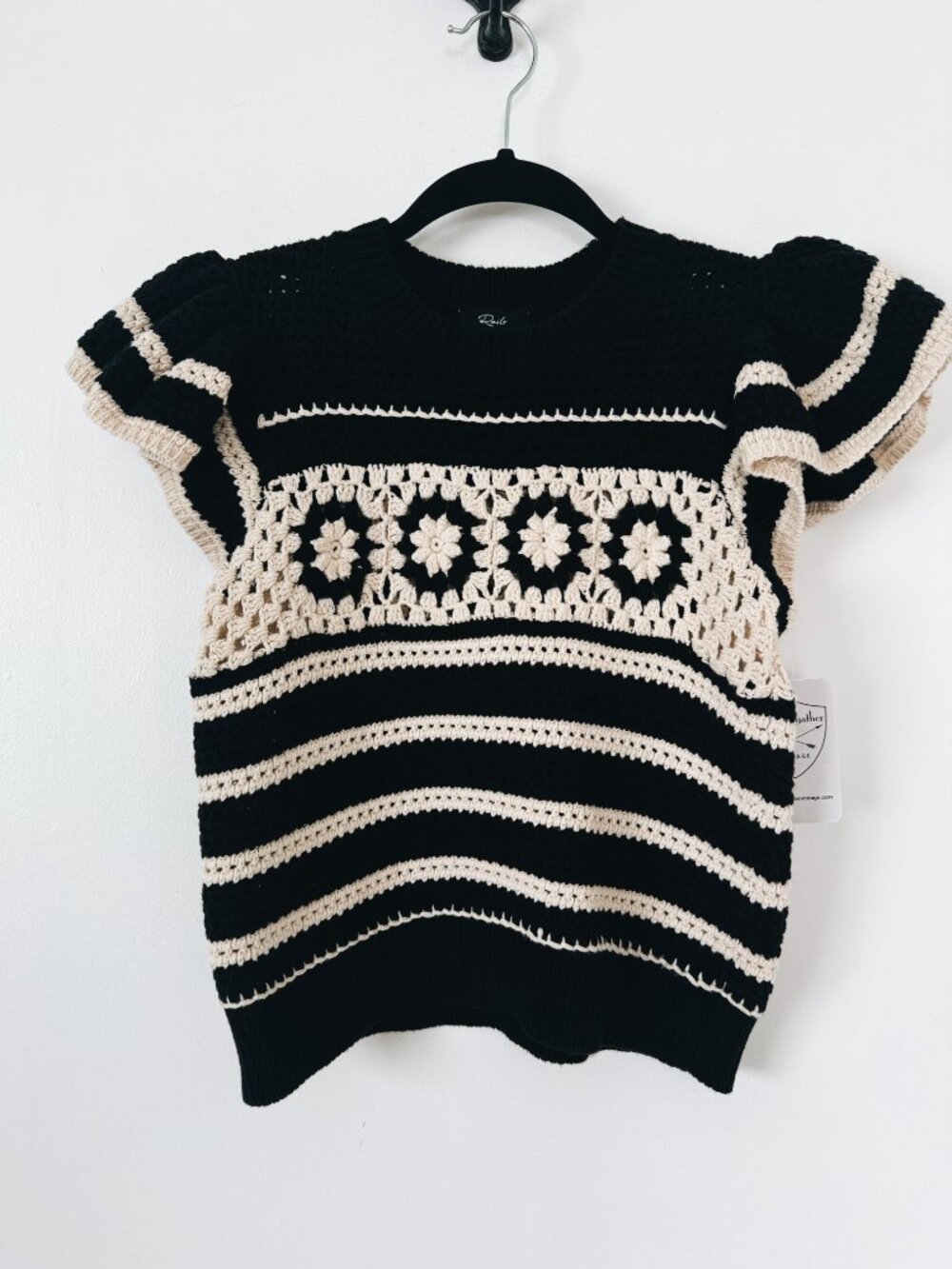 Rails Penelope Top Black Ivory Stripe Crochet Flutter Sleeve Sweater Size XS